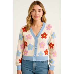 Old Navy Women's Cardigan XL Cream Blue Pink Floral Garden Girl Girlhood Groovy